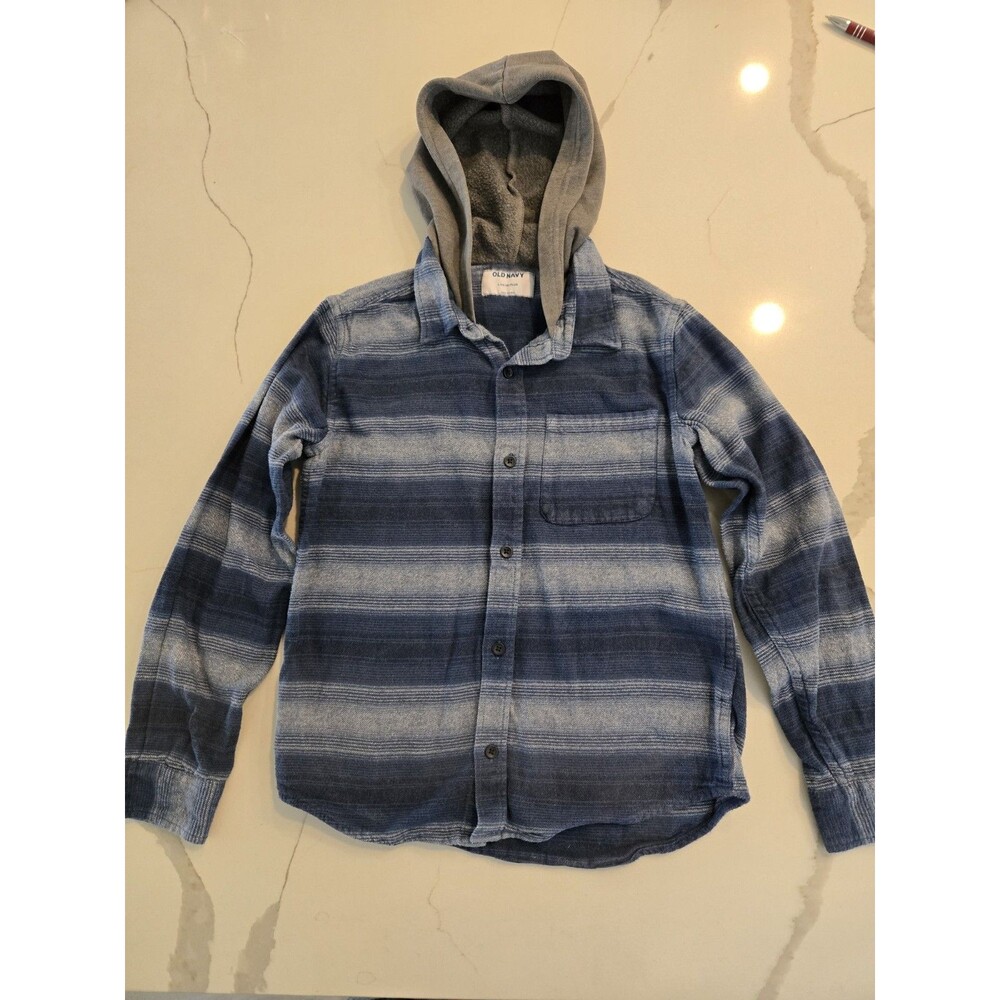 Old Navy L 10-12 Plus Striped Hooded Flannel Shirt Kids Blue Plaid Shacket